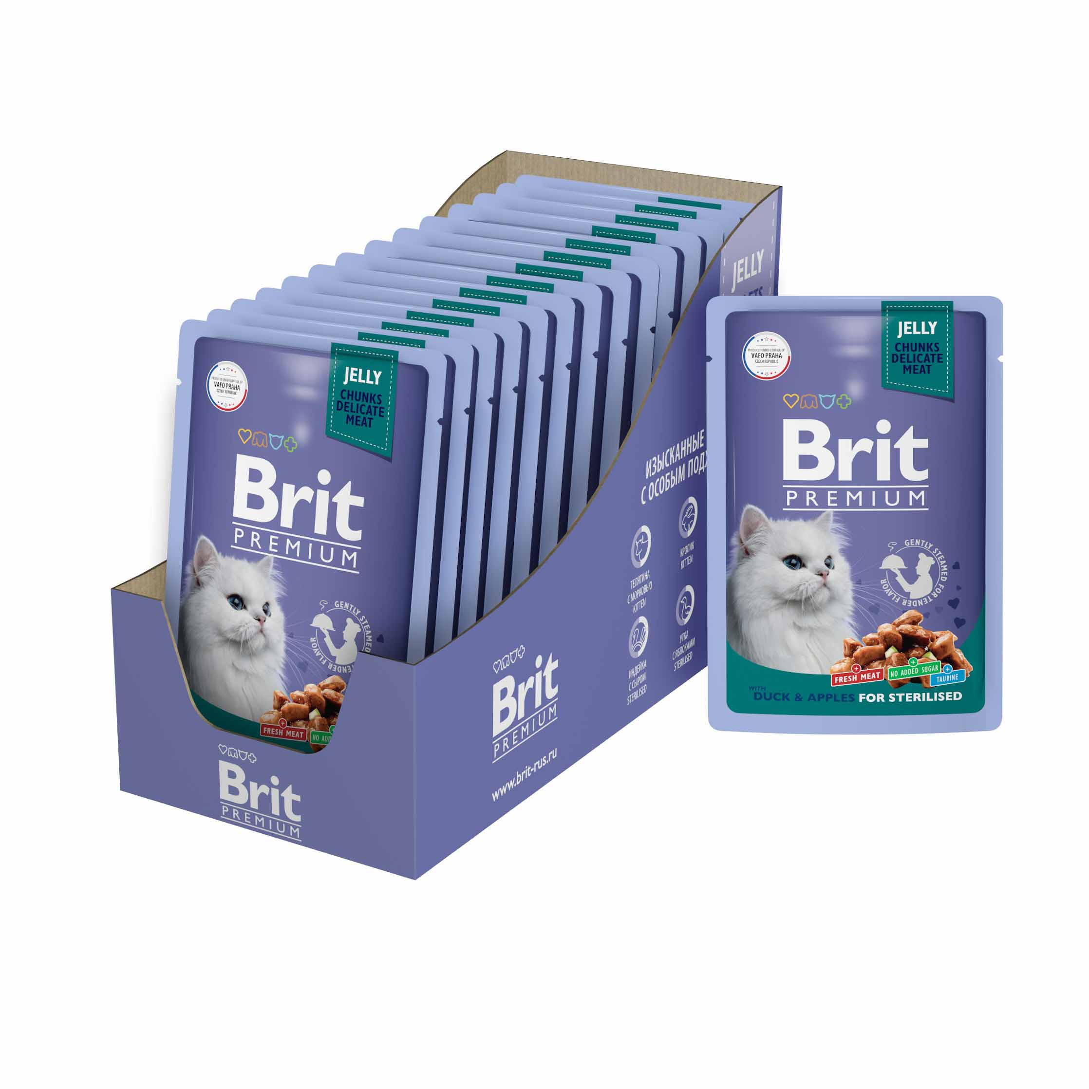 BRIT PREMIUM, Пауч для взрослых стерилизованных кошек, Утка с яблоками в желе, 85г,