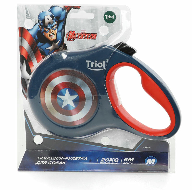 Поводок-рулетка для собак Marvel Капитан Америка M, 5м до 20кг, лента, Triol-Disney