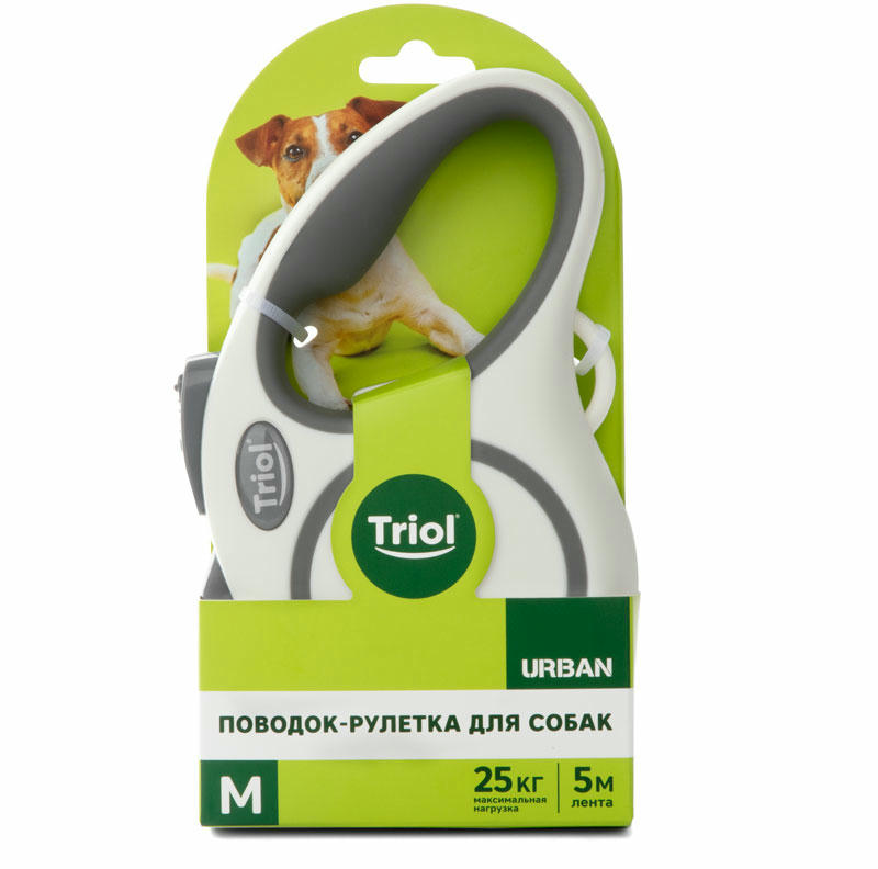 Поводок-рулетка для собак Urban M, 5м до 25кг, лента, белый, Triol