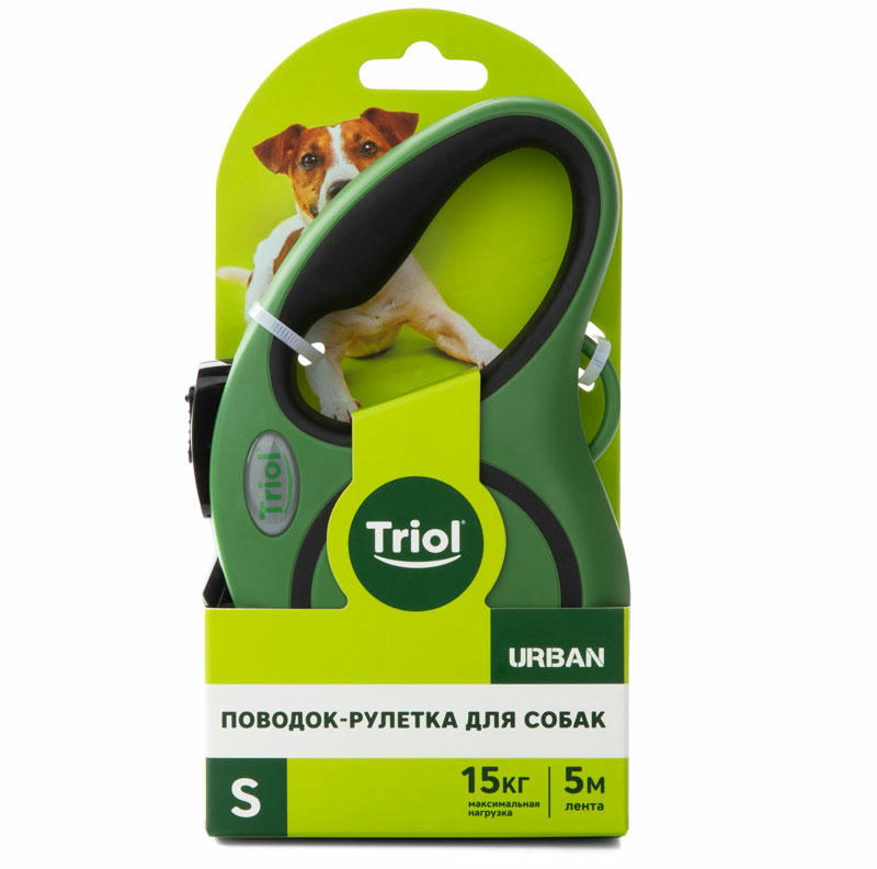 Поводок-рулетка для собак Urban S, 5м до 15кг, лента, зеленый, Triol