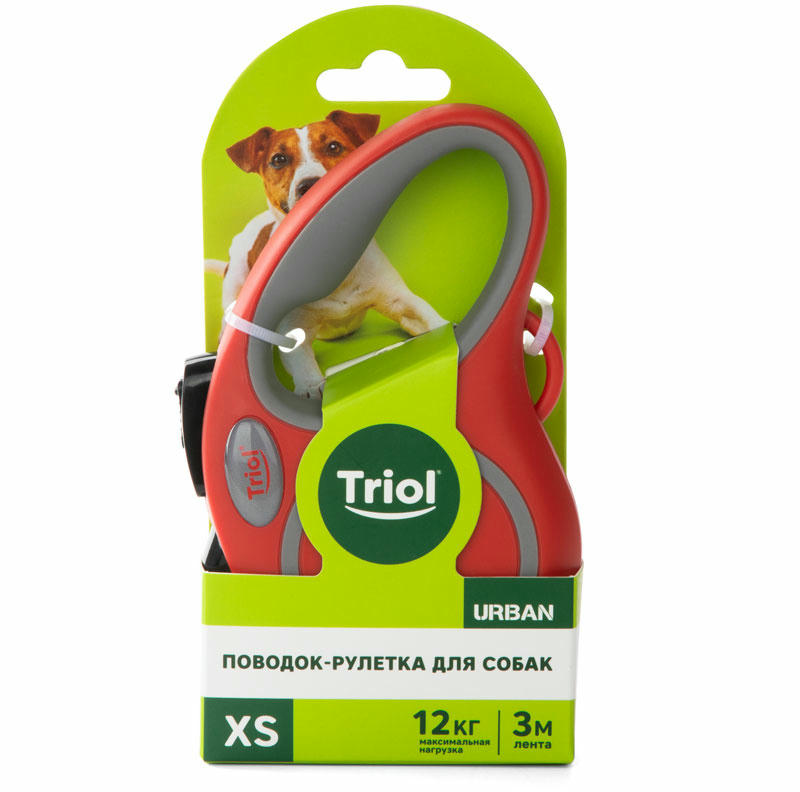 Поводок-рулетка для собак Urban XS, 3м до 12кг, лента, красный, Triol